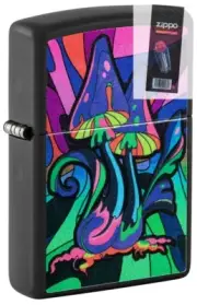 Zippo 48386 Black Light Trippy Mushroom Black Matte Lighter + FLINT PACK
