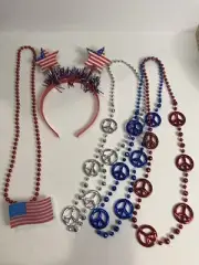 NWT 4th of July Patriotic Headband Tinsel Red White Blue Necklaces Light Up