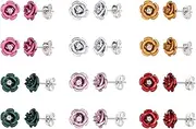 [SWNXMG] 12 Pairs Multi Colors Rose Flower Stud Earrings Set Cubic Zirconia Stainless Steel Ear Studs Christmas New Year Gift
