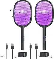 2 Pack Electric Fly Swatter 2 in 1 Bug Zapper Racket & Mosquito Zapper,4000V with USB Charging Base，Powerful Mosquito Swatter with 3 Layers of Safety Net Suitable for Indoor and Outdoor