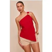 Tomato Asymmetric One Shoulder Trim Detail Long Top, Tomato Red