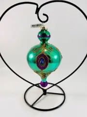 Pier 1 Imports Glittered Peacock Feather Glass Finial Christmas Ornament 6" New