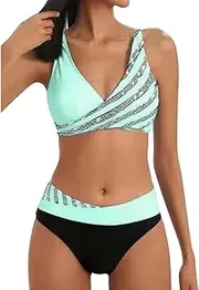 [Generic] Plus Size Bikinis Women's Summer Casual Bikini Split Print Swimsuit Plus Size Swimsuits for Women 4X (Green-b, S)