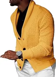 [SWJGLITTR] Men's Hollowed Out Shawl Collar Cardigan Button Cardigans Slim Fit Wool Sweaters Winter Fisherman Casual Cardigans, Yellow, Medium