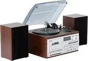 [Lenoxx] Home Entertainment System with Turntable, Cassette Player, USB Port, SD Slot, CD, and Wireless Technology 5.0, 3-Speed Turntable, AM/FM Radio, Wooden Speaker Boxes - Brown