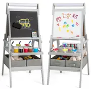 Babyjoy 3-in-1 Kids Art Easel Standing Double-sided Easel w/Magnetic Chalkboard & Whiteboard Drawing Set Grey