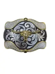 Cowboy Belt Buckle For Man Long Horn Bull 4.25"x3.25" Silver/Black/Gold