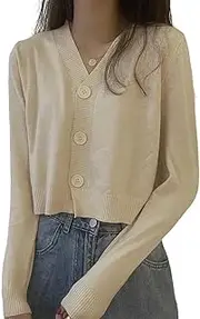 XUGYAO Cardigan Button Pullover Long Sleeve Sweater Women V Neck Short Top Ladies Autumn Winter Clothes Slim Streetwear Solid Knitted Cardigan Apricot