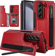[YJZSKRXFAK] Case for Samsung Galaxy Z Fold5 5G 2023 with S Pen Slot Holder, Business PU Leather Credit Card Holder Slot Kickstand Protective Case for Galaxy Z Fold 5-Red