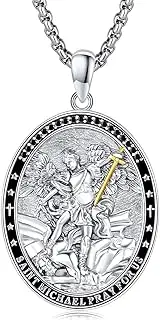 [Midir&Etain] St. Michael Necklace 925 Sterling Silver White Gold/Yellow Gold/Black Gold Archangel St. Michael Pendant Necklace Amulet Jewelry Gift 22" + 2" String of Pearls