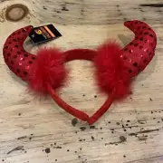 Halloween Costume Red Devil Horn Headband Feathers And Sequins~NEW