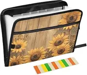 Quteprint 13 Pockets Expanding File Folder with Zipper Closure, Wooden Summer Sunflowers Accordion File Folder with Sticky Labels, Letter Size A4 Papers Expandable File Document Organizer