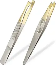Sularpek Slanted Tweezers, Set of 2 Stainless Steel Tweezers Precision Eyebrow Plucking Removal Chip Removal Gold Plated 87mm for Men and Women