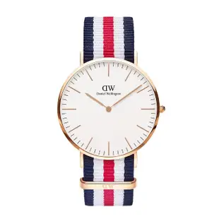 【Daniel Wellington】DW 手錶 Classic Canterbury 40mm細紋藍白紅織紋錶-玫瑰金框(DW00100002)