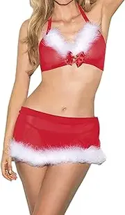[Generic] Plus Size Satin Lingerie for Women 4X Velvet Santa 3 Piece Lingerie Set Furry Bra and Panty with Cape
