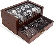 [KAMIER] High End Watch Box for Men, 12 Slot Wooden Watch Case With Drawer, Watch Display Box with Glass Lid, 2-Layer Watch Holder for Jewelry and Watch Storage for Men Women , Ideal for Gift (With Gift Box)