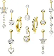 [LOAYHOAY] 10pcs 14k Gold Plated 14G Belly Button Rings for Women Surgical Steel Dangle Belly Rings CZ Clicker Belly Button Rings Hypoallergenic Heart Flower Butterfly Navel Piercing Jewelry