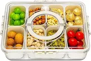 Divided Snack Serving Tray with Handle and Lid - Clear Container for Charcuterie, Candy, Fruit, Nuts and Snacks - Ideal for Parties and Entertaining (8 Compartment)
