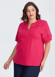 [Virtuelle] Taking Shape Cotton Broderie Puff Sleeve Top Size 16 in Radiant Raspberry - Plus Size Women's Tops & T Shirts Radiant Raspberry