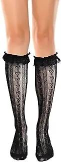 [woosnscly] Womens Lace Knee High Socks Cute Ruffle Fishnet Knee High Stockings Heart Lolita Long Mesh Lace Socks, Black White