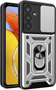 [Eabhulie] Galaxy M14 5G Case, Rugged Armor Protection Case with Slide Camera Cover & Ring Holder Stand for Samsung Galaxy M14 5G Silver
