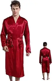 [Wedhapy] Mens Robe Purple Red Satin Cardigan Bathrobe with Waist Tie Loose Long Sleeve Knee Length Night/Sleep Robe for Home Hotel