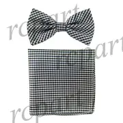 Men's Pre-tied Bow Tie & hankie set plaids & checkers black white wedding prom