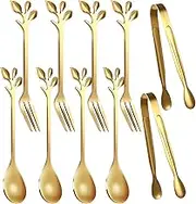 Sieral 10 Pieces Leaf Coffee Spoons, Mini Serving Tongs and Appetizer Forks Stainless Steel Sugar Cube Tongs Dessert Spoons Metal Dinner Forks for Dessert Coffee Tea (Gold)