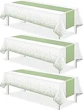 3Pcs White and Sage Green Tablecloth Decorations,Plastic White Table Cloth Printed Green Table Runner Disposable Rectangle Table Cover for Birthday Wedding Anniversary Graduation Party,54 x108 Inch