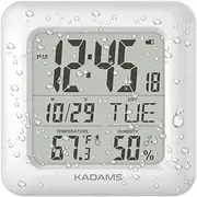 KADAMS Bathroom Digital Clock with Large LCD Screen - Shower Wall Clock Water Resistant Temperature & Humidity Display Calendar Display 4 Mounting Options, White