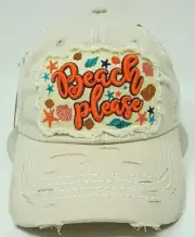 BEACH PLEASE Cap Pigment Washed Distressed Dad Hat Adult OSFM Stone NWT