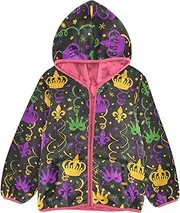 [GuoChe] Girls Sherpa Lined Hoodie Mardi Gras Fleur De Lis Crowns Beads Carnival Girl Outerwear Jacket pink Baby Zip Up Hoodie