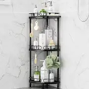 SWTYMIKI Corner Shower Caddy Standing - 3 Tier Rustproof Metal Shower Organizer Stand with Soap Holder and 4 Hooks, Freestanding Floor Shower Storage Stands for Bathroom, Black