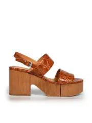 Brown Croc Embossed Leather Sandals
