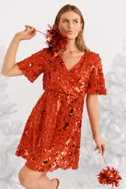 Women's Party Chandelier Sequin Dress Short Sleeve in Red Sequin 8