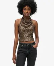 Cowl Halter Neck Sequin Top | Brown Gold Sequin