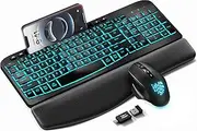 SABLUTE Wireless Keyboard and Mouse Combo - Ergonomic Wave Keyboard with Soft Leather Wrist Rest, Phone Holder, Rechargeable, RGB Backlit Mouse, Full-Size Cordless Set for Windows/Mac/Computer/Laptop