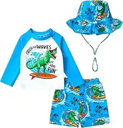 [Eaerobc] Toddler Baby Boy Swimwear Long Sleeve Rashguard Swimsuit with Sun Hat Cartoon Animal Bathing Suit, Dino, 12-18 Months