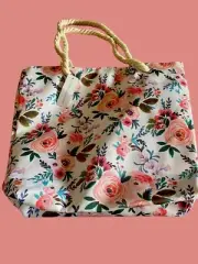 Floral Tote Braided Rope Handle Carry All Purse Roses Pink Zip Close Travel Bag