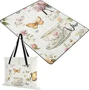 Yoogain Beach Blankets Cute Lawn Camping Blanket Packable for 8 to 10 Adults Summer Gift Summer Vintage Peach Cups Roses 60x80in