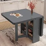 Solid Wood Folding Kitchen Table, 3-Shaped Dining Table with 2-Level Storage Shelf, Versatile Folding extensible Table(Natural,140x80x75cm)