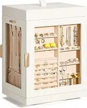 TidyStash 360° Rotating Jewelry Organizer, Large, Elegant Jewelry Boxes for Women Necklace, Ring Earring Storage, Vertical Accessory Organizers and Storage, Cream White