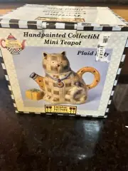 Sakura By Debbie Mumm Hand Painted Surface "Plaid Kitty" Cat Ceramic Teapot