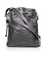 Black Leather Drawstring Shoulder Bag