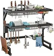 Dish Drying Rack, Large Over The Sink Dish Drainer Drying Rack (85cm L to 31CM W),2 Tier Dish Rack Over Sink with Multiple Baskets Utensil Holder Cup Holder, Kitchen Sink Organizer