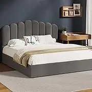 Oikiture King Size Bed Frame with Velvet Bed Headboard and Solid Plywood Slats Gas Lift Bed Matress Platform Grey
