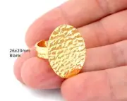 Oval Hammered Adjustable Ring Blank Bezel Base - Shiny Gold Plated Brass 4936