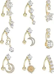 [Masedy] 9Pcs 14G Stainless Steel Dangle Belly Rings for Women Reverse Navel Rings Curved Barbell Body Piercing Jewelry