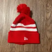 New Era Plain Red & White Striped Beanie Knit Hat Cap With Pom OSFM