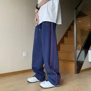 Drawstring Waist Striped Wide Leg Pants Navy Blue - L